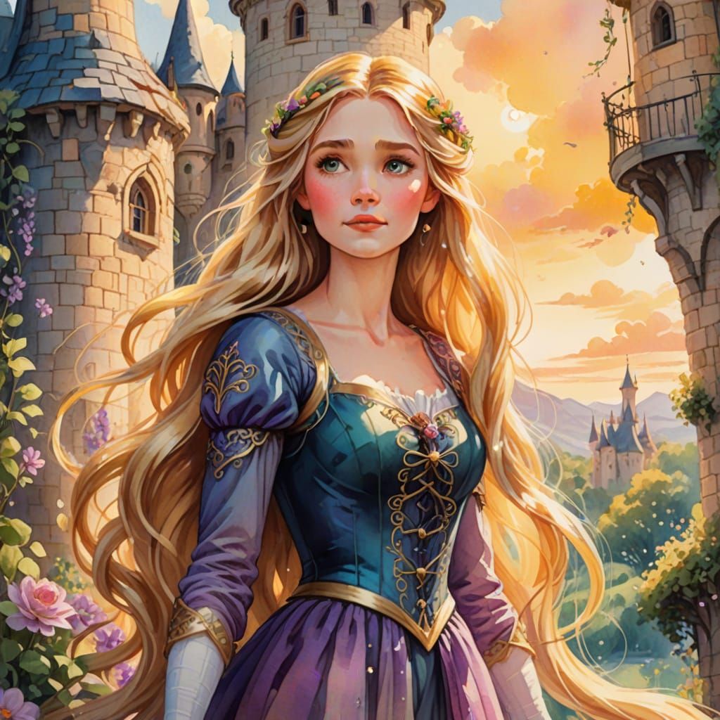 Rapunzel in Whimsical Watercolor Style