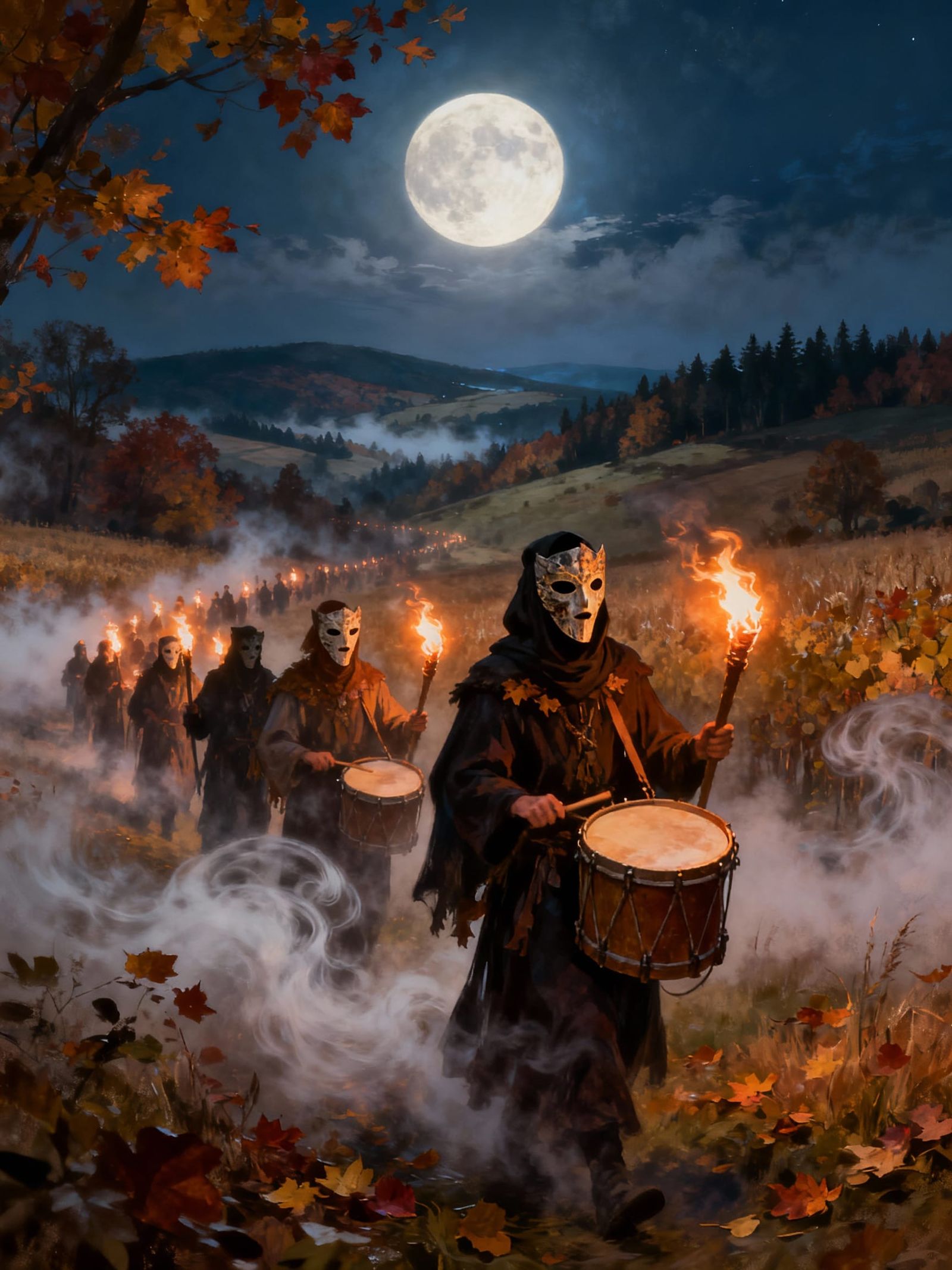 Haunting Masked Procession Under Harvest Moon
