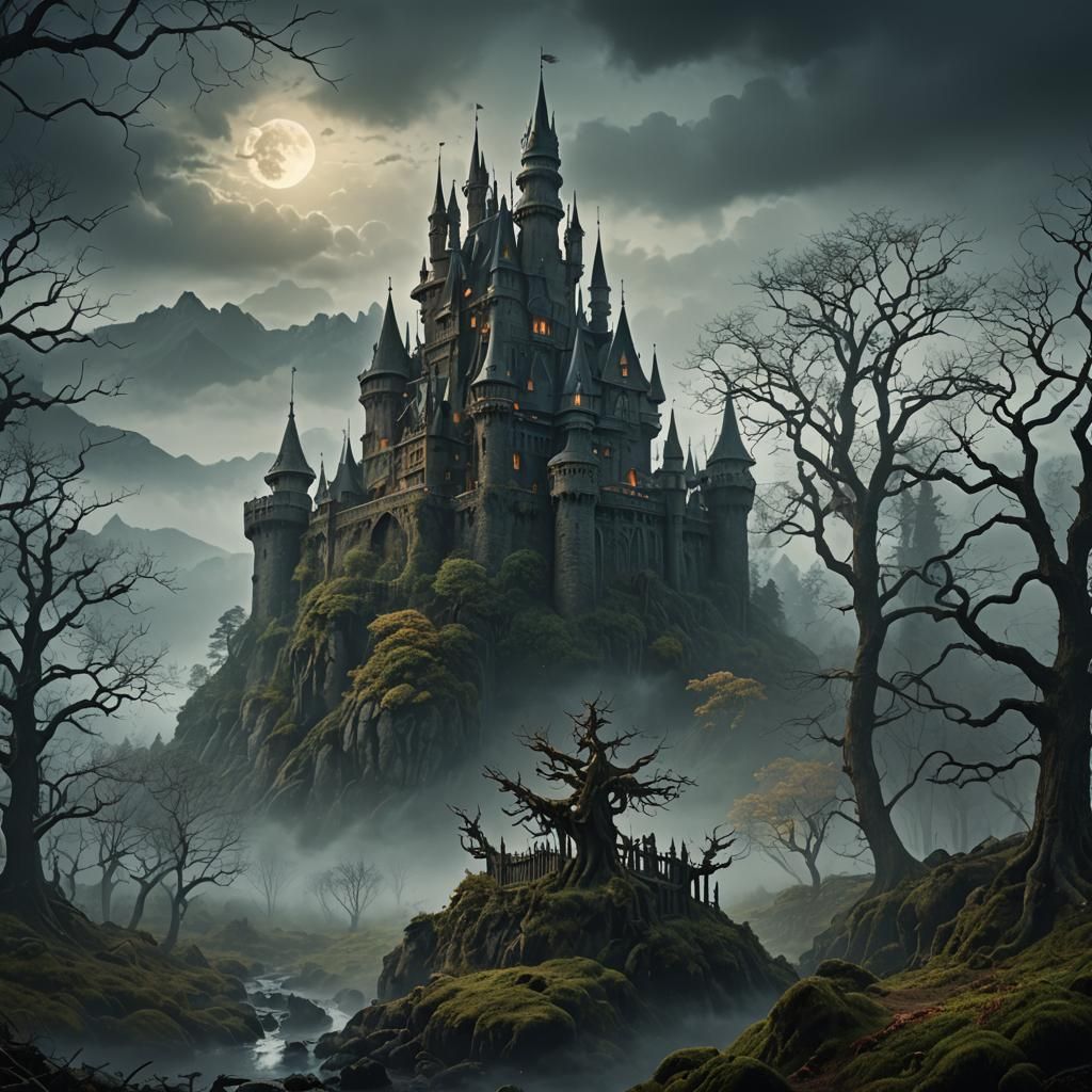 Mystical Dark Forest with Hidden Magic Castle