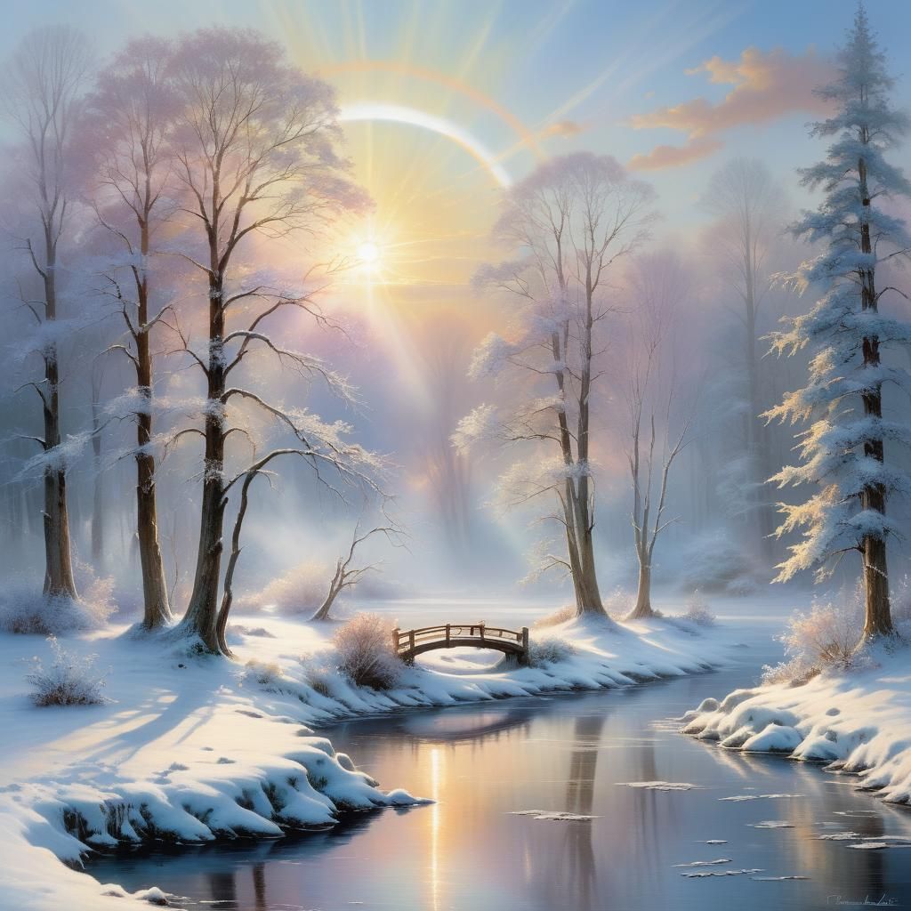 Winter Sunrise with Solar Halo in Ethereal Style