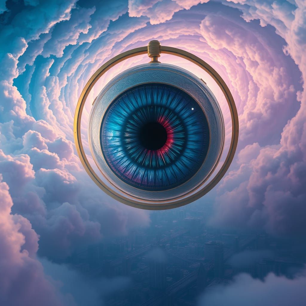 Colossal Eye with Golden Rings Over Metropolis