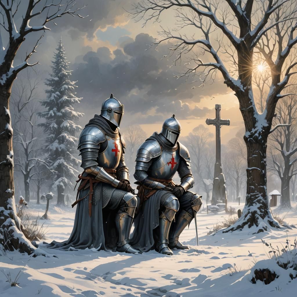 Medieval Knight in Snowy Reverence: Detailed Matte Painting