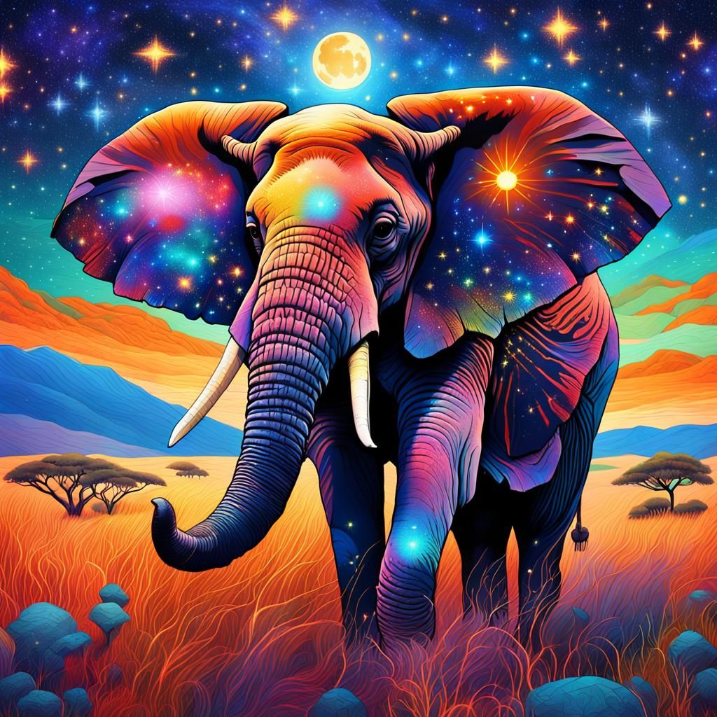 Elephant Under Astral Sky: Holographic Mixed Media Art