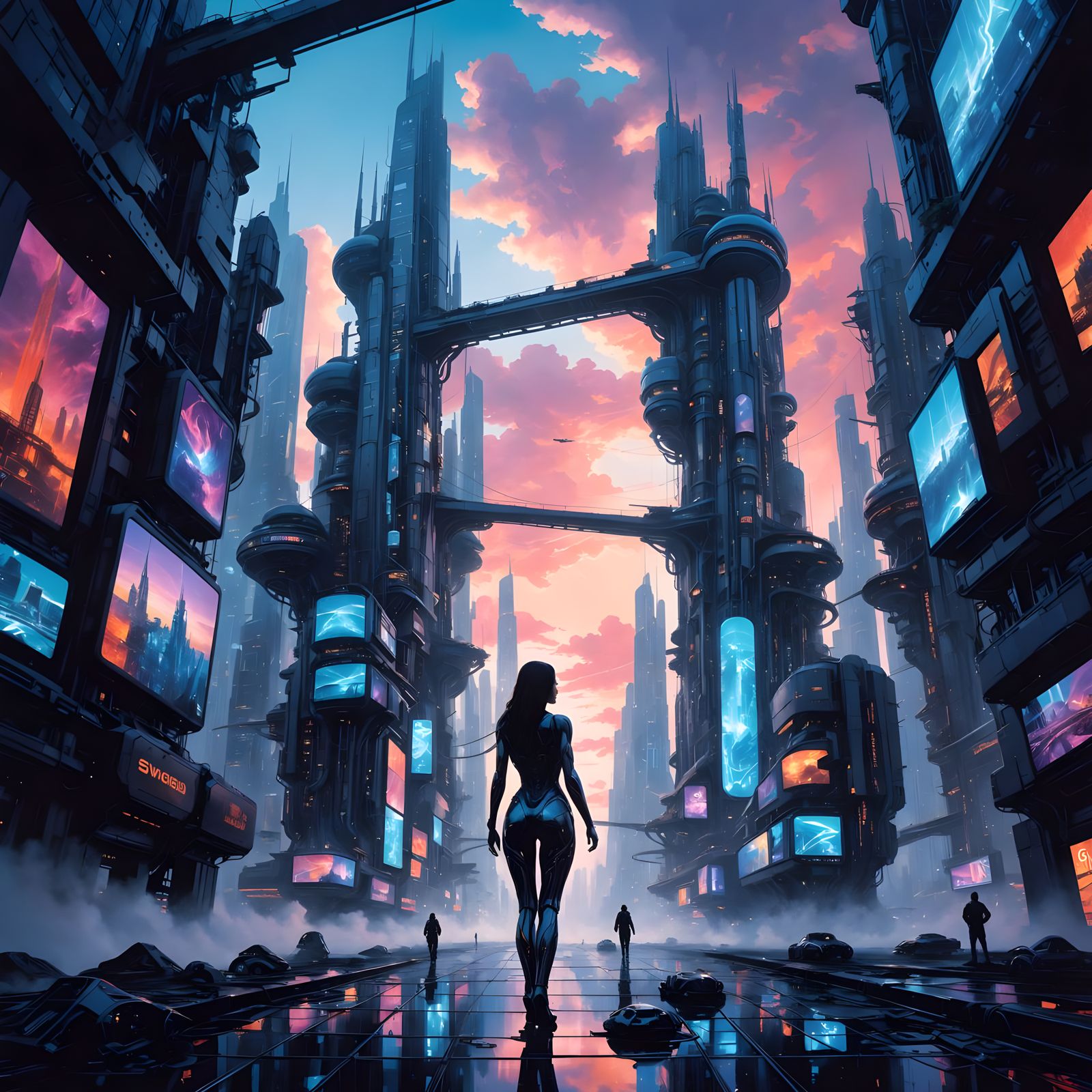 Neon Cyberpunk Cityscape with Towering Skyscrapers