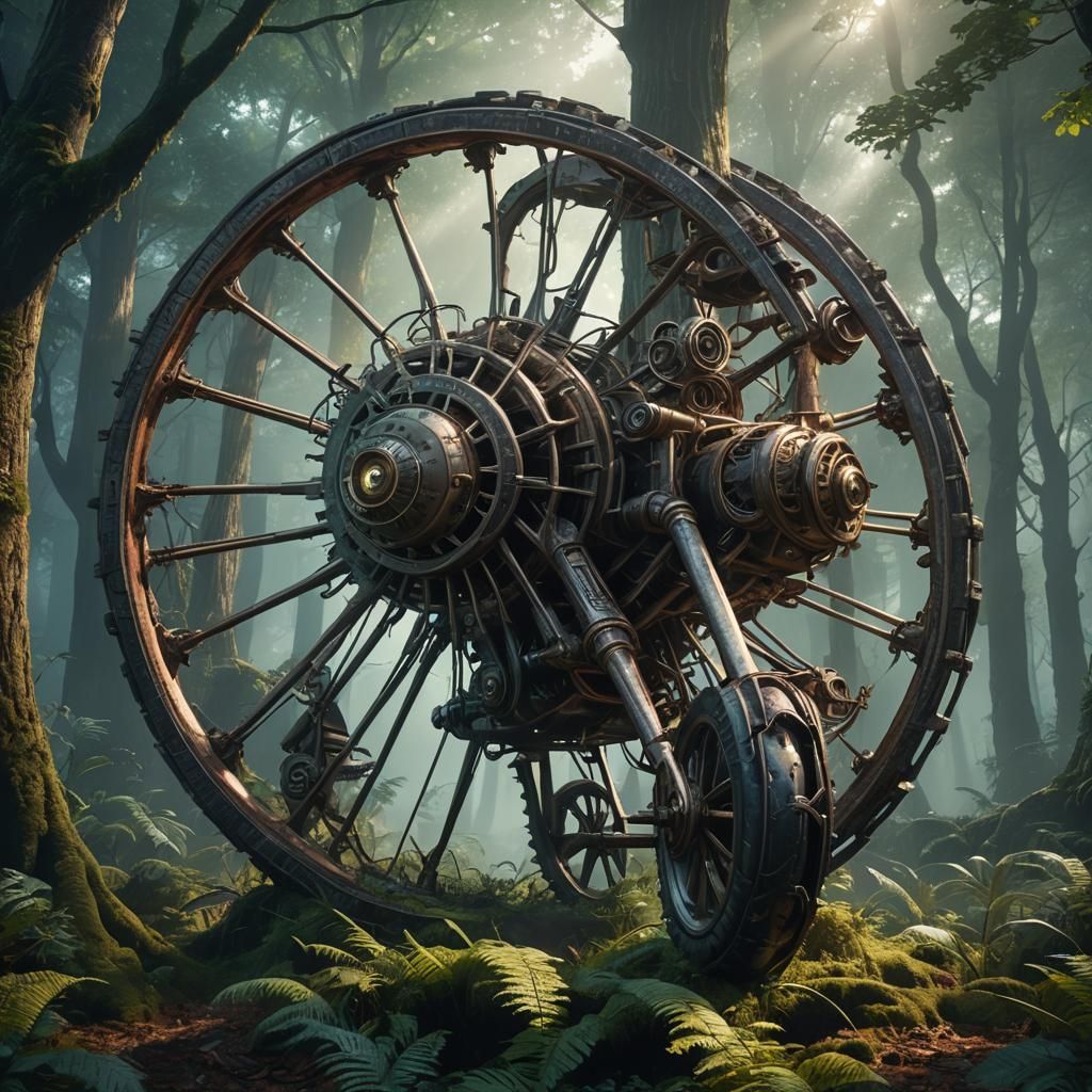 Fantasy Tricycle with Aircraft Engine in Mystic Forest
