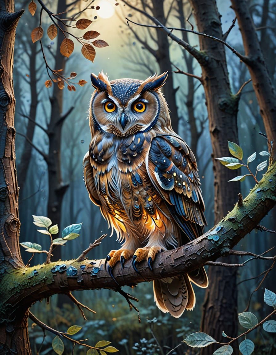 Whimsical Watercolour Owl perched in a Twilight Woodland