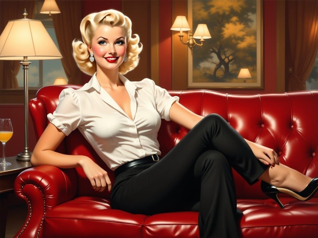 Playful 35-Year-Old Woman on Red Leather Sofa