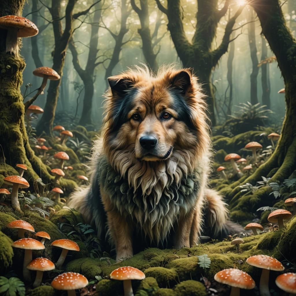 Giant Fluffy Dog in Mystical Glowing Forest