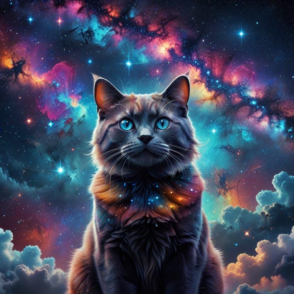 Whimsical Cosmic Dreamscape with Feline Form