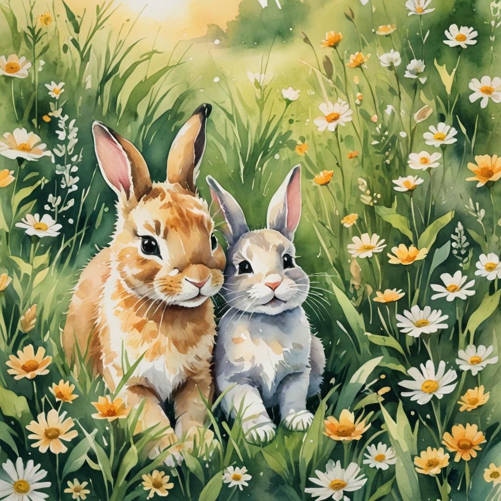 Watercolor Kitten and Bunny in Sunny Meadow
