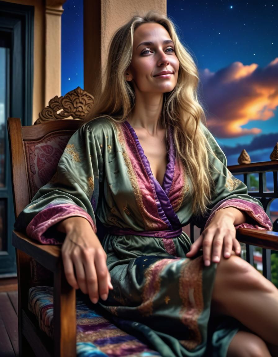 Maximalist Portrait of Woman on Balcony at Night