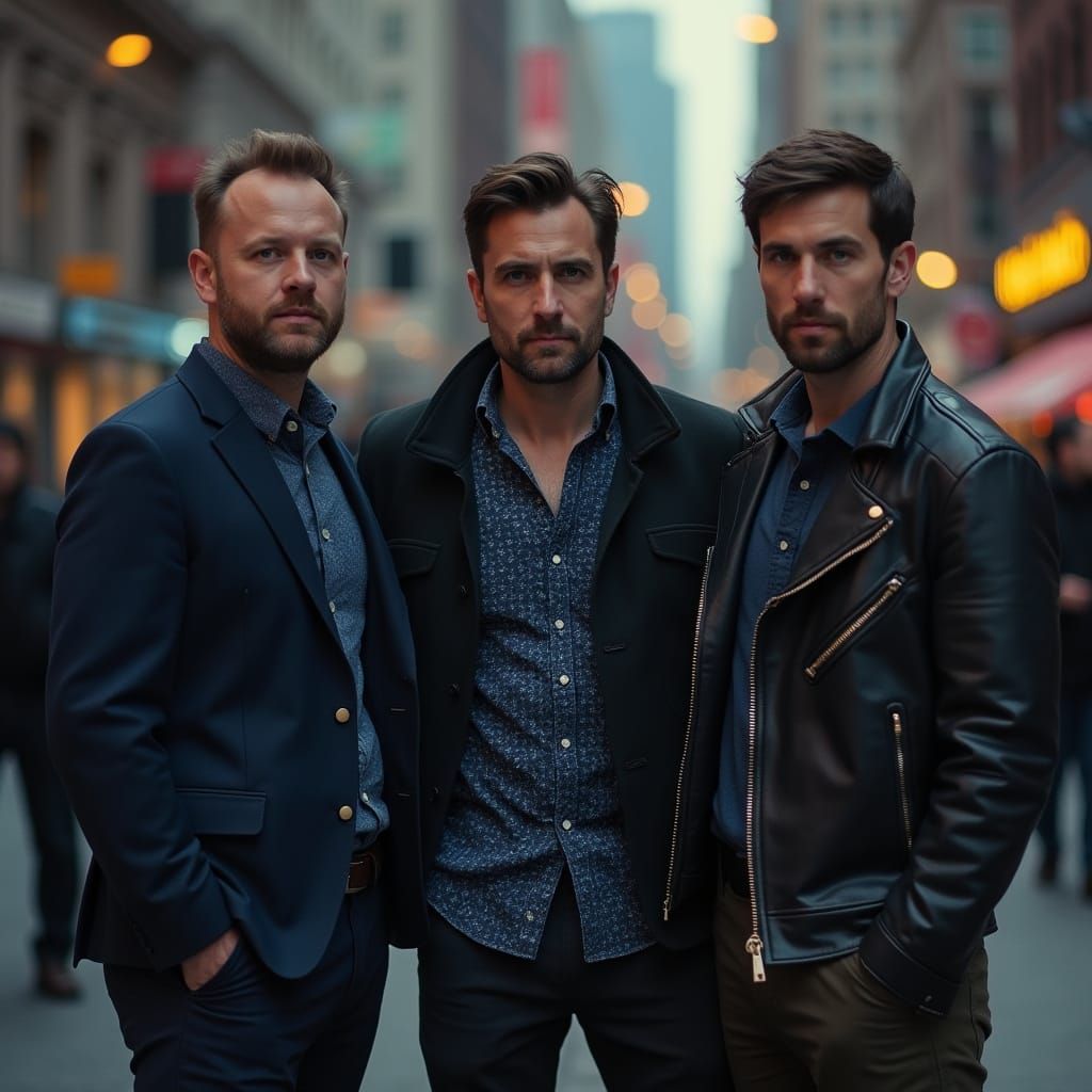 Three Men in Modern Attire Stand Together Against Urban Back...