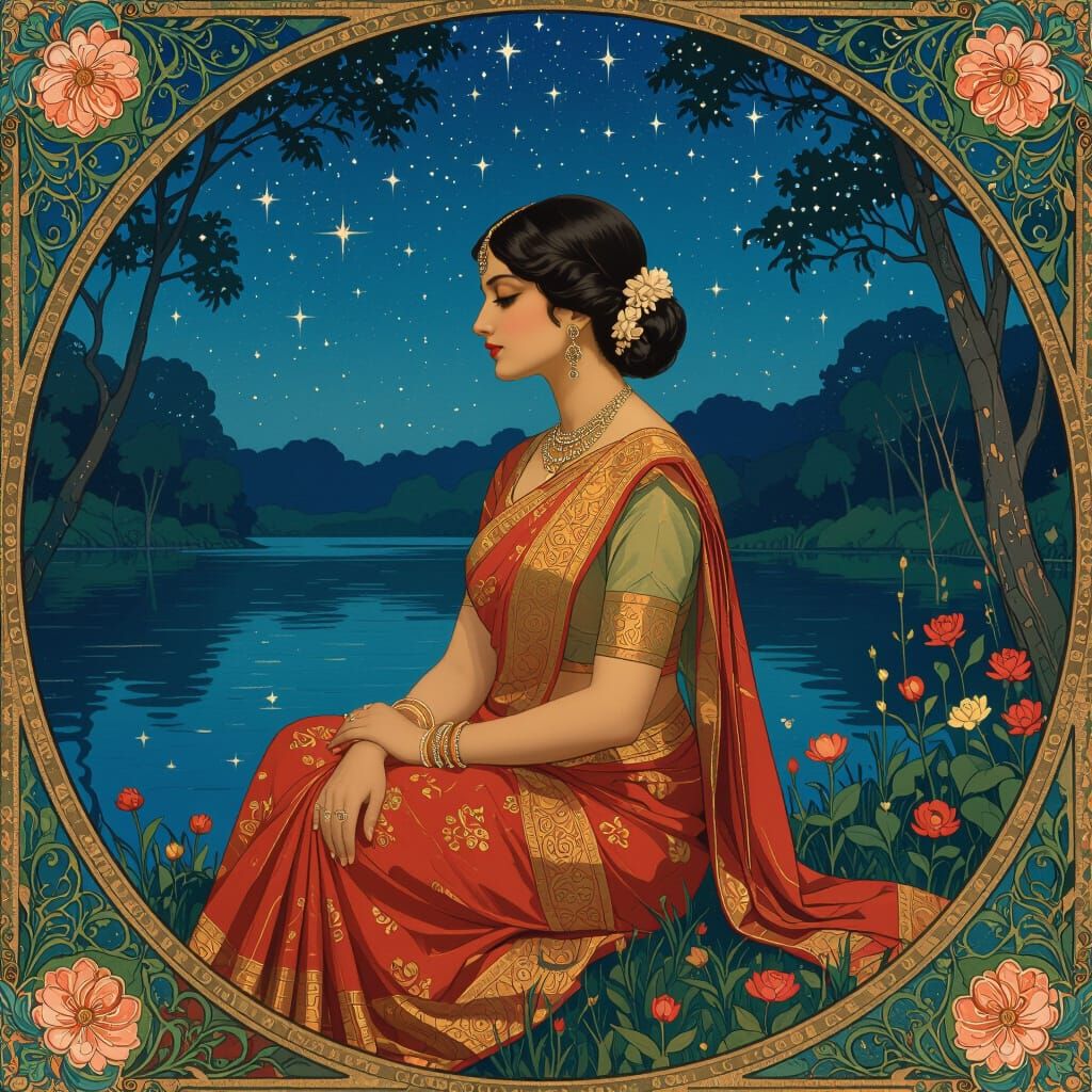 Elegant Woman in Saree by Starry Lake: Art Nouveau