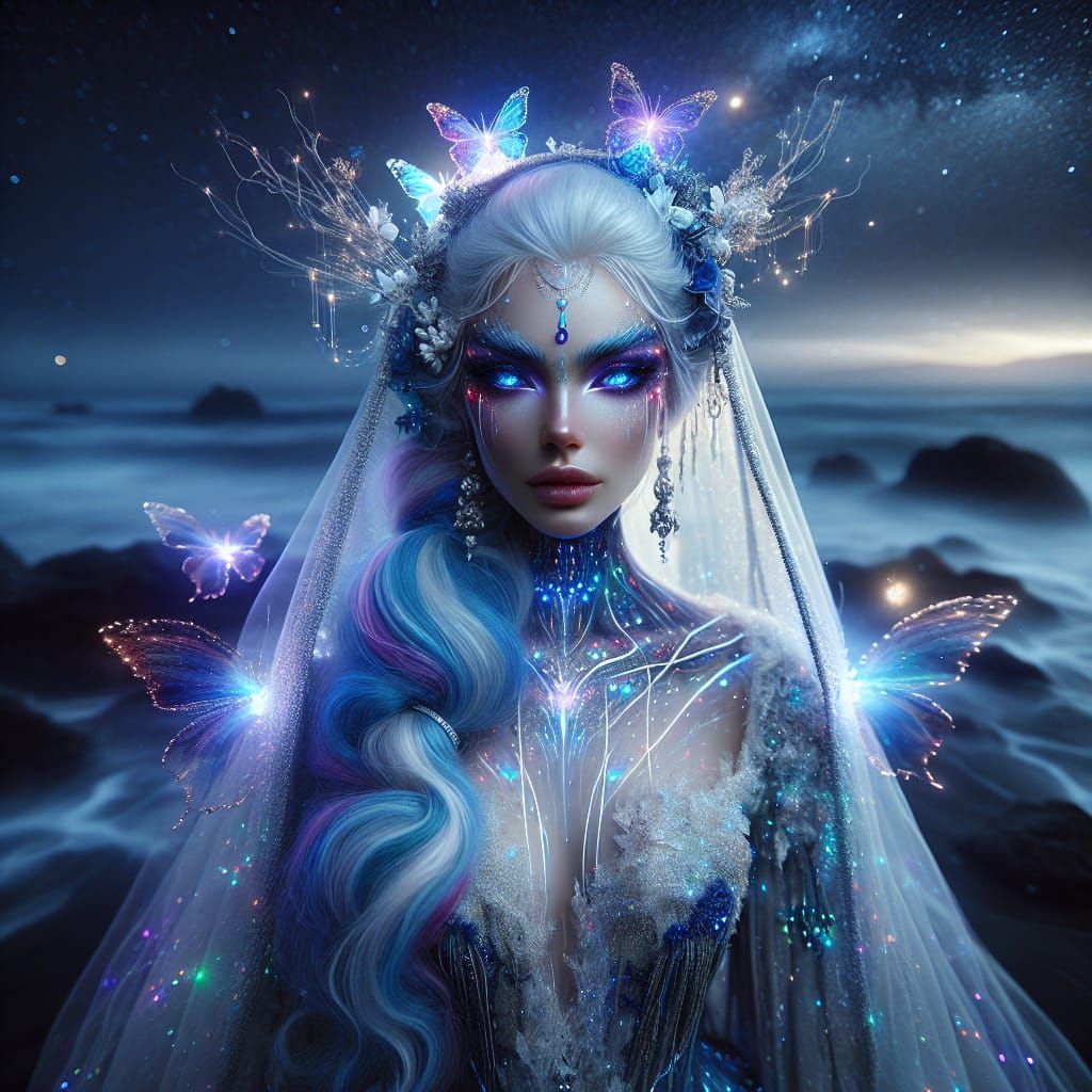 Mystical Goddess on Dark Shores with Neon Aura