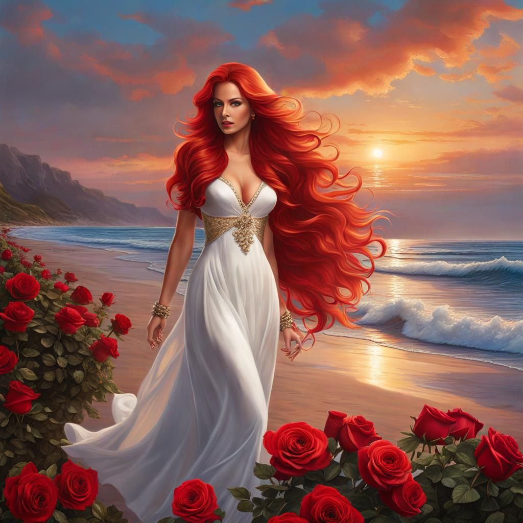 Woman with Roses on Beach in Hyperrealism