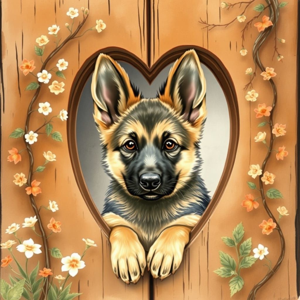 A sable German Shepherd puppy peeks out from a heart-shaped ...