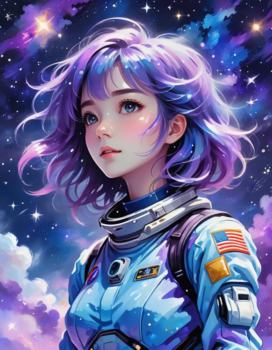 Anime Astronaut in Space: Impressionist Digital Art