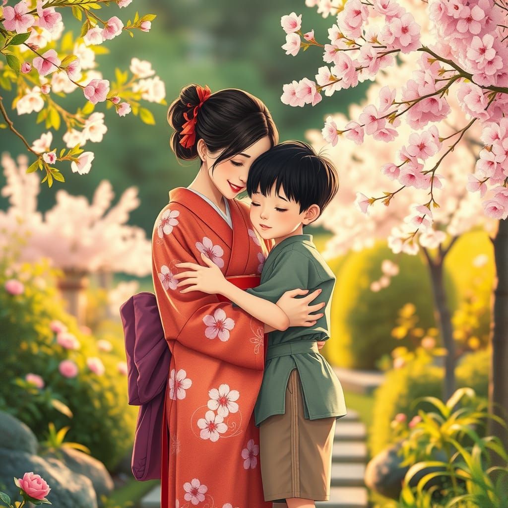 Sisters Share a Tender Moment in a Japanese Garden