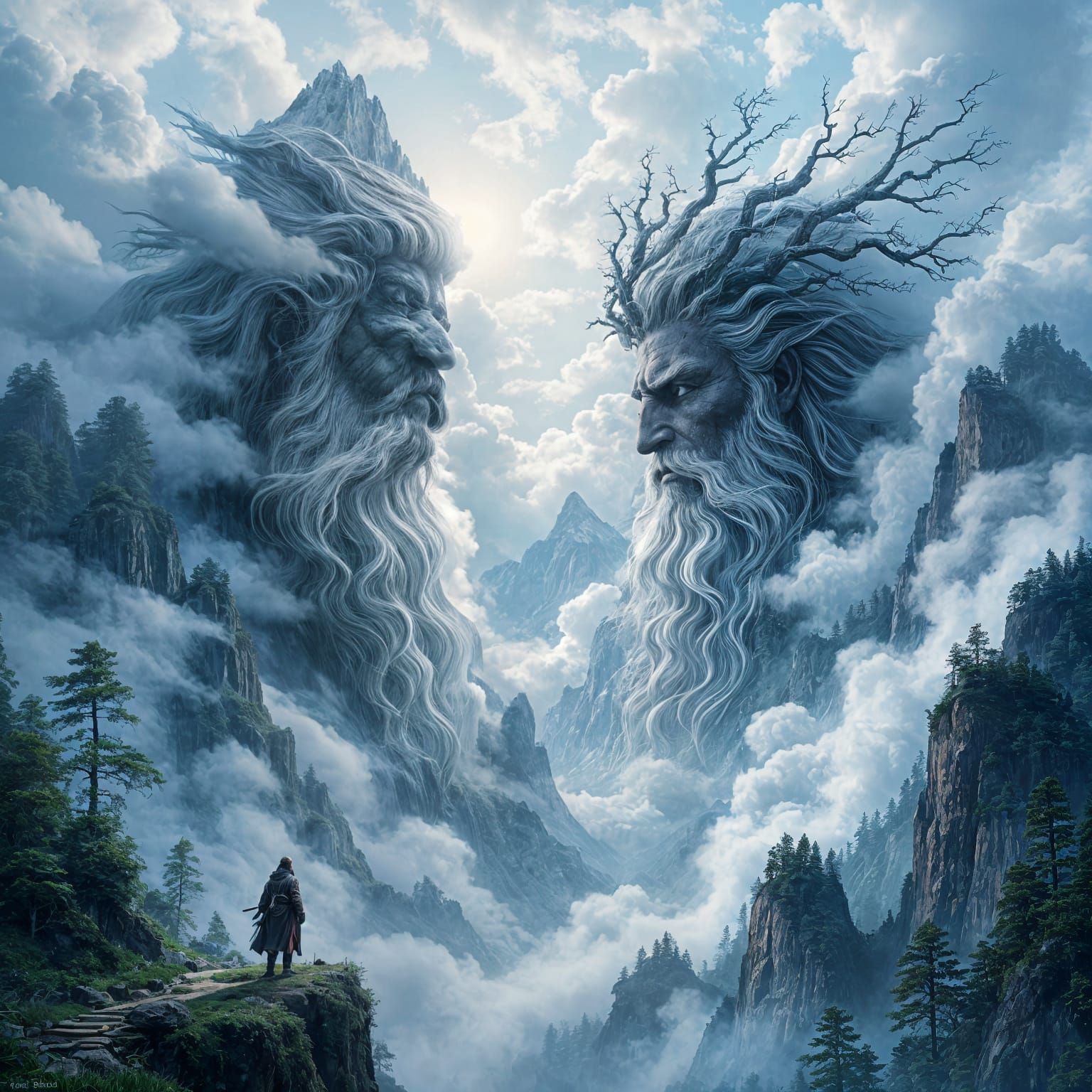 Ancient Titans in Cloud-Shrouded Mountains