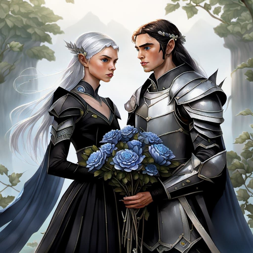 Elegant Elves with Indigo Roses and Mithril Armor