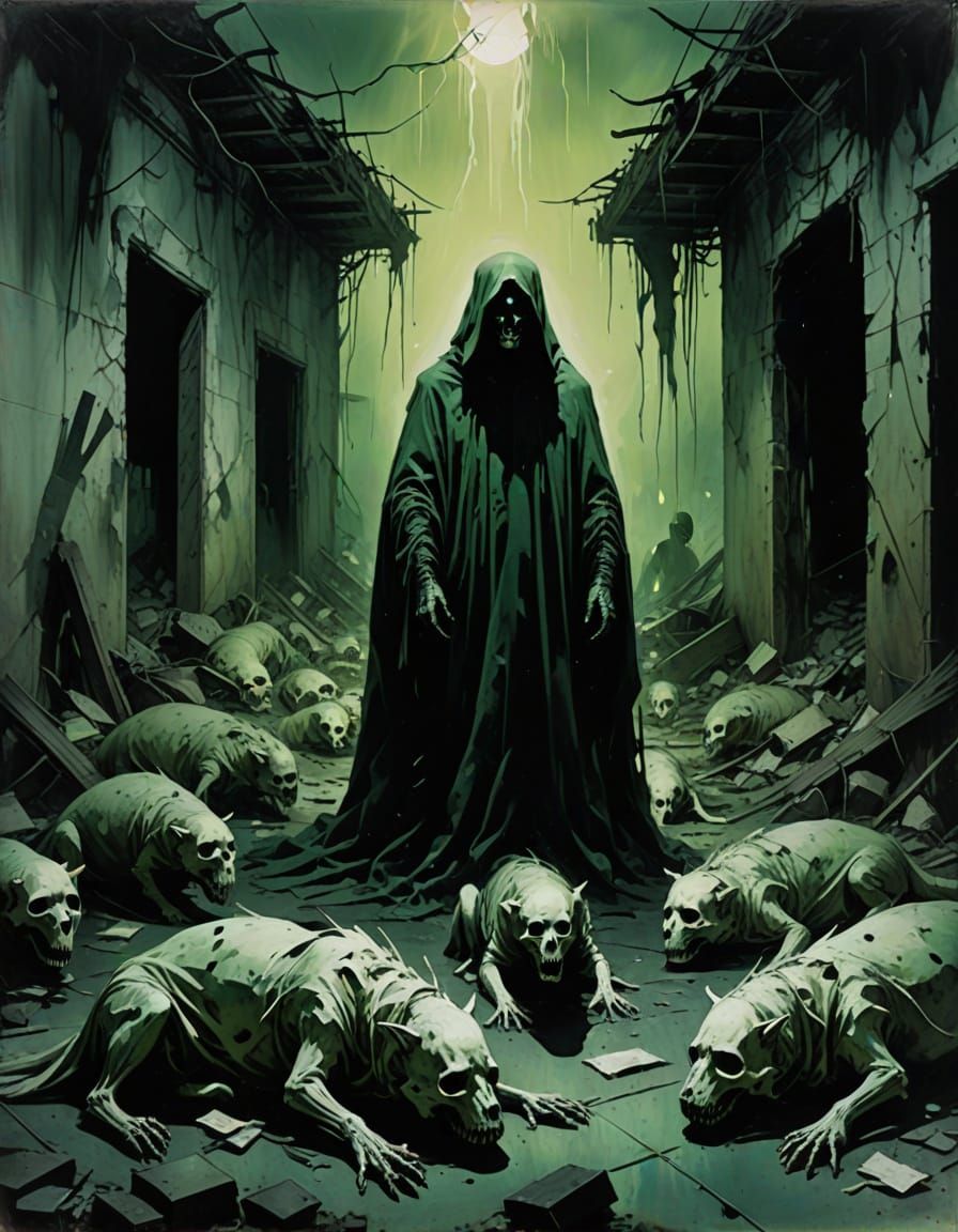 Surreal Ghost Amidst Dead Menagerie in Distressed Oil Painti...