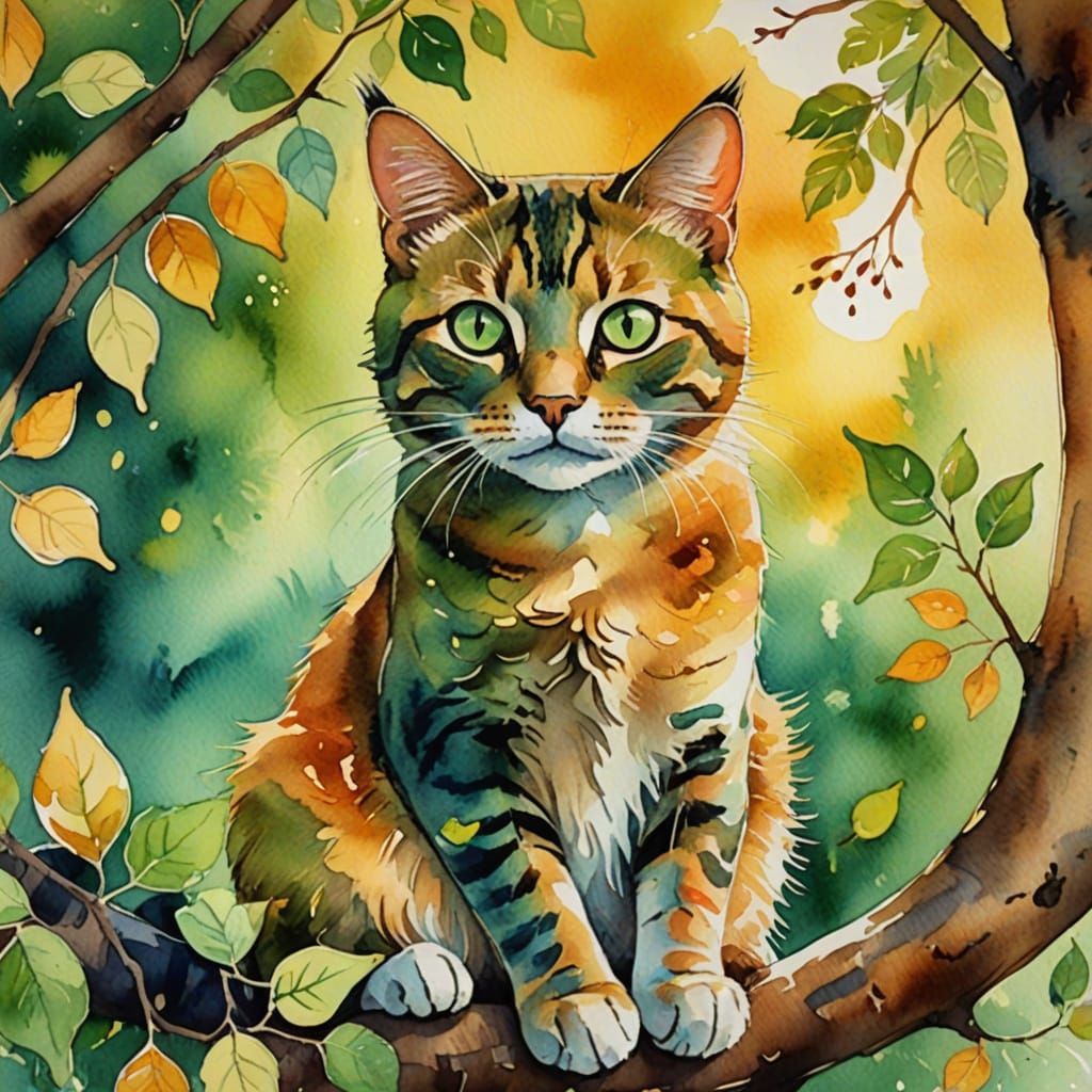 Whimsical Cat in a Tree, Watercolor Painting