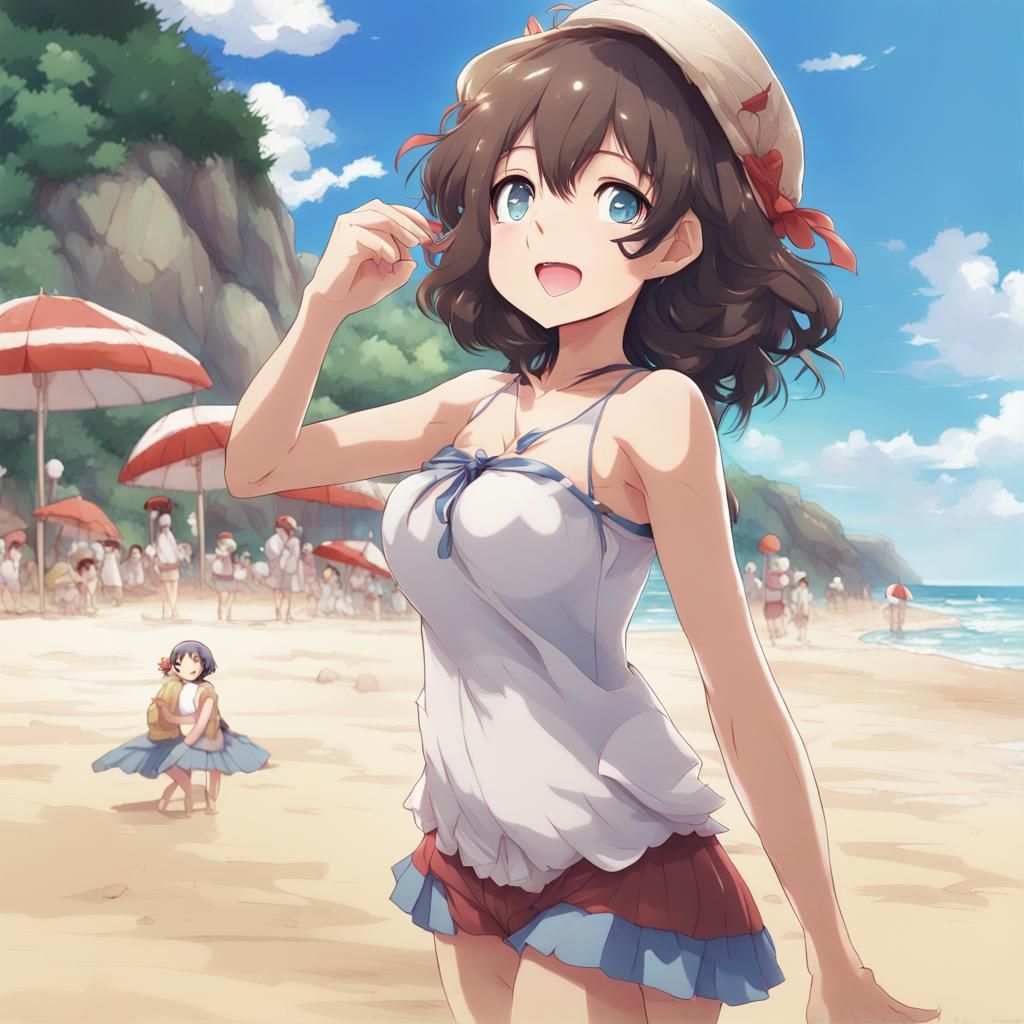 Girl on Beach in Anime Style