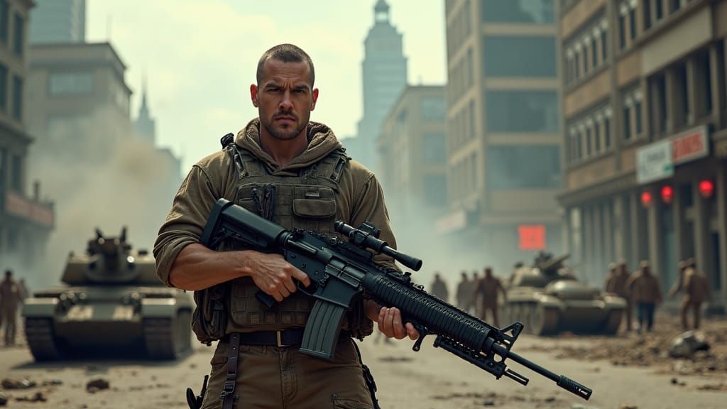 Hyperrealistic Soldier in Post-Apocalyptic Cityscape
