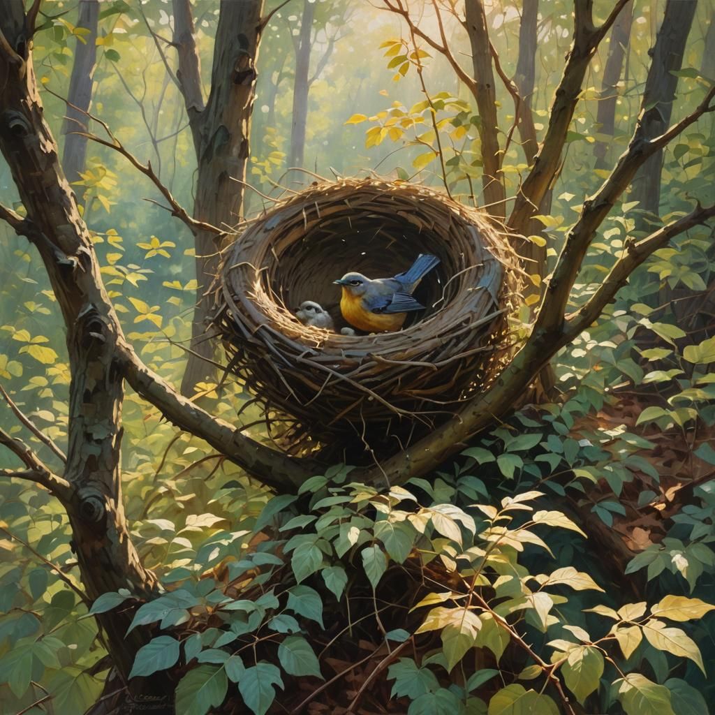 Bird in Nest: Impressionist Oil Painting in Forest Glade