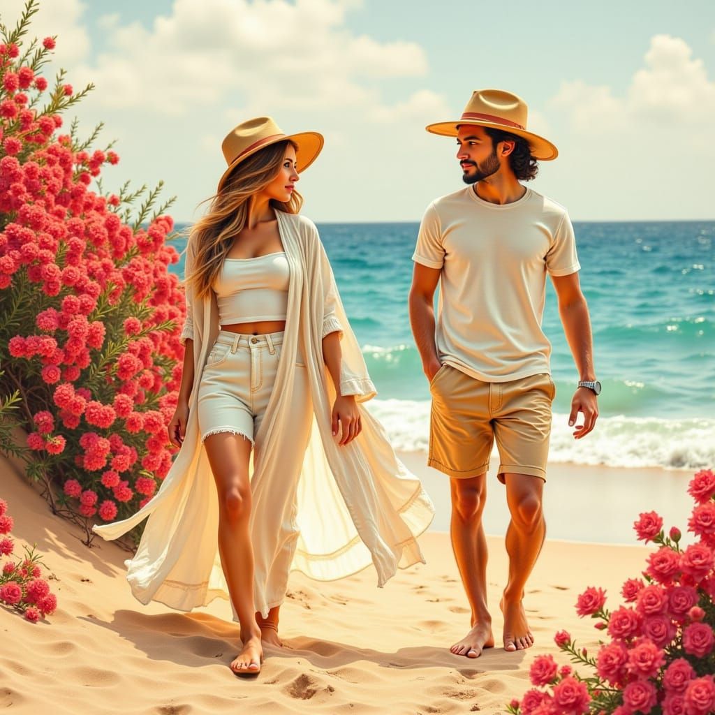 Romantic Couple on Legzira Beach in Watercolor Style