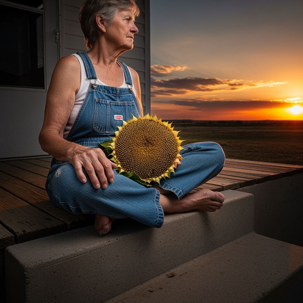 an elderly person watchin' sunset with sunflower seeds