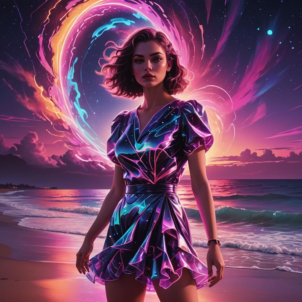 Girl on Beach in Synthwave Neon Retrowave Style