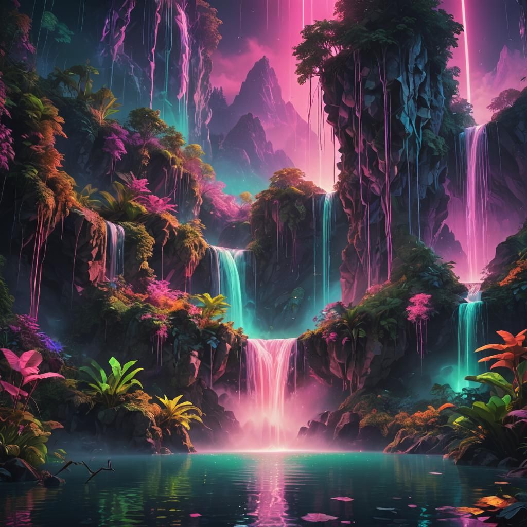 Neon Waterfall in Surreal Digital Art Style