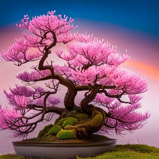 Bonsai with Cherry Blossoms in Japanese Garden