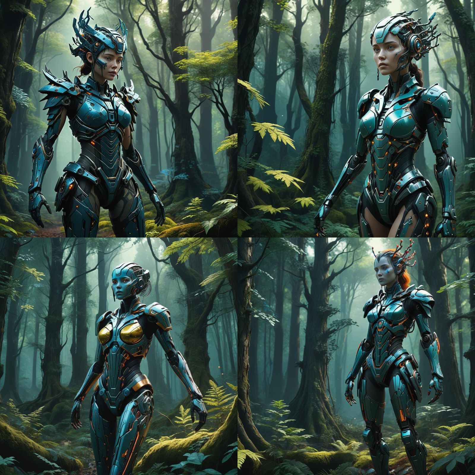 Robotic Woman in Forest: Detailed Matte Painting