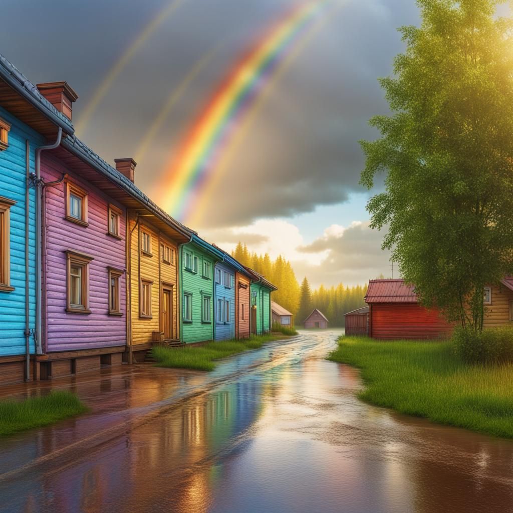 Russian Art Style Houses on Wet Street with Rainbow