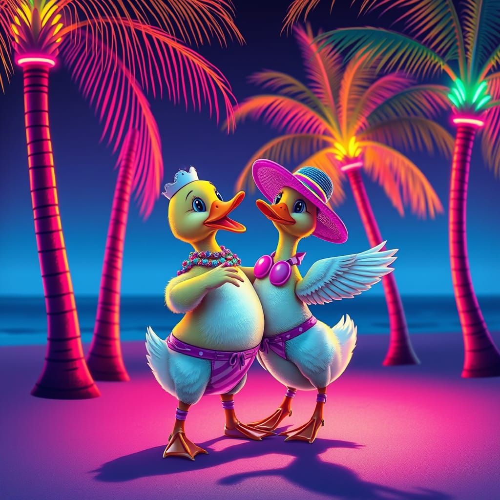 Dancing Ducklings in Synthwave Neon Retro Style