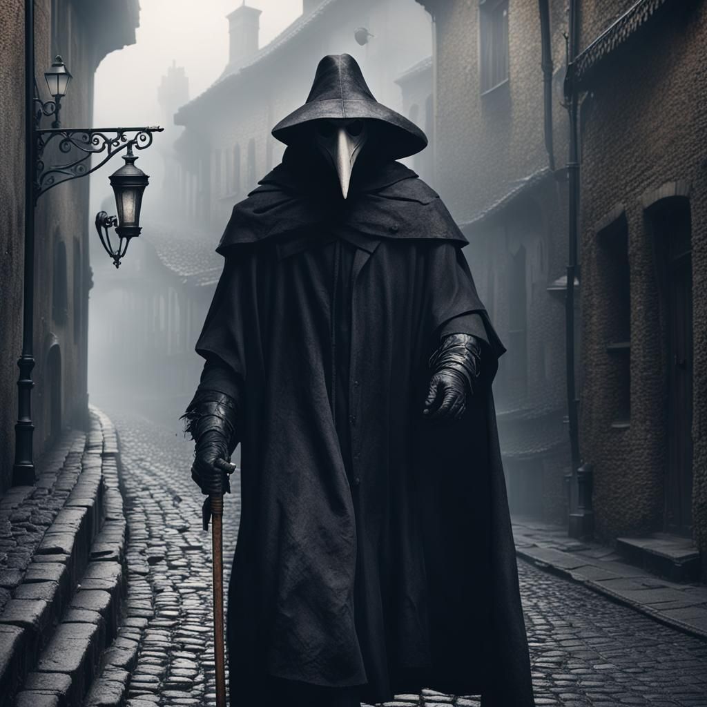 Medieval Plague Doctor in Foggy Streets