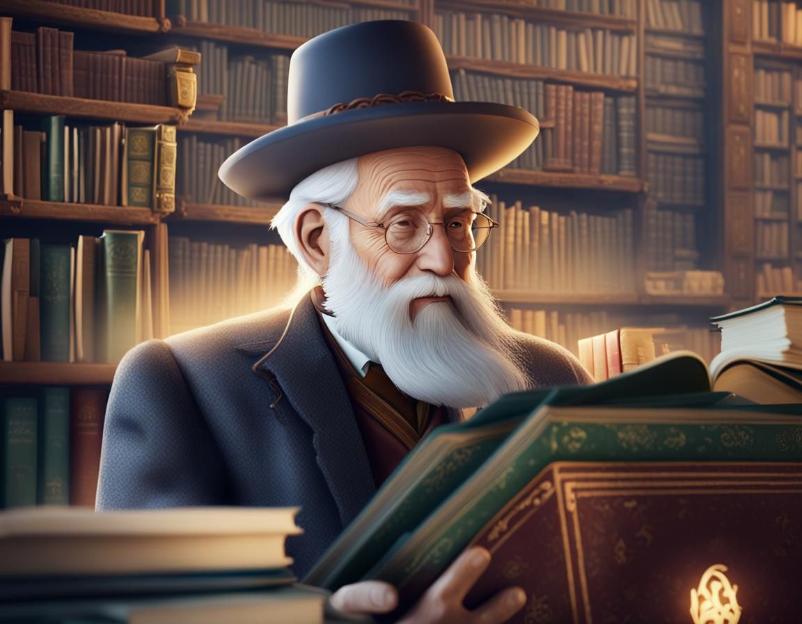 Smiling Old Man Reading Book: Detailed Matte Painting