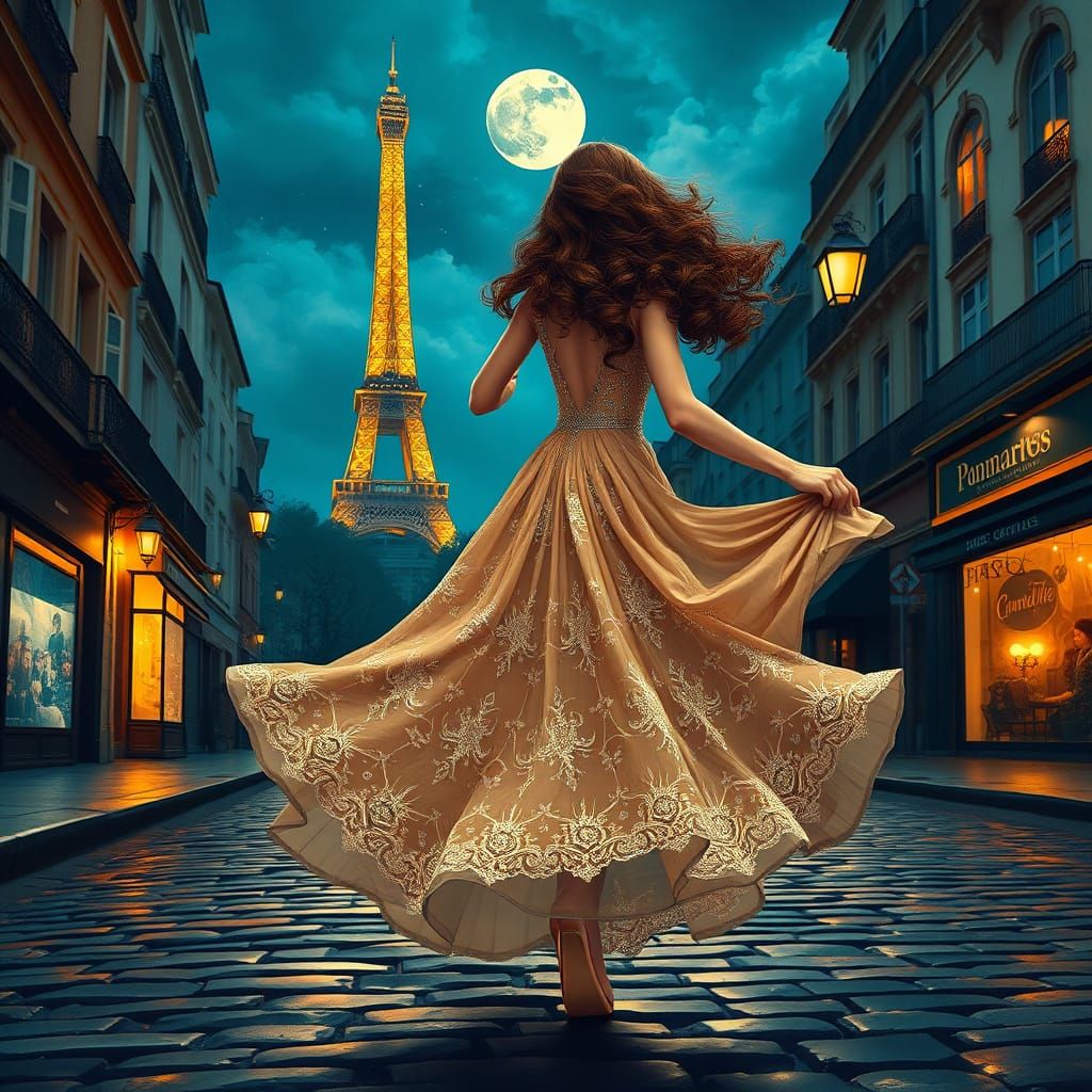 Elegant Lady Dances Under Parisian Moonlight