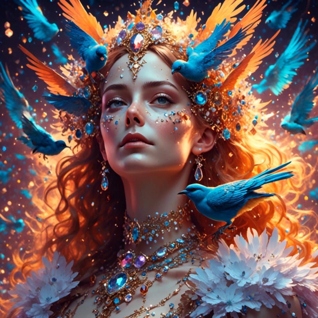 Crystalline Bird Portrait in Fantasy Landscape