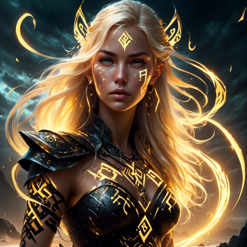 Norse Valkyrie with Glowing Runes in Stormy Weather