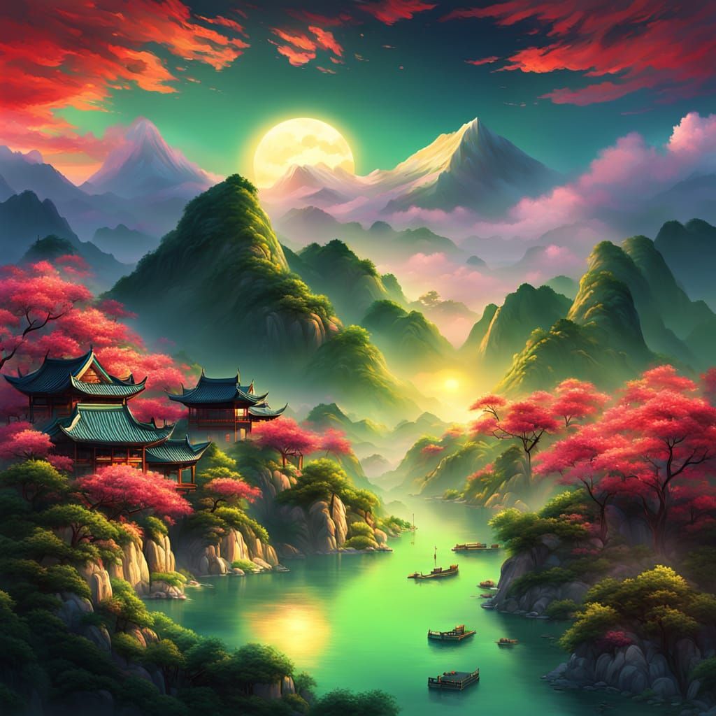Majestic Sunrise Over Chinese Landscape in Vibrant Digital A...