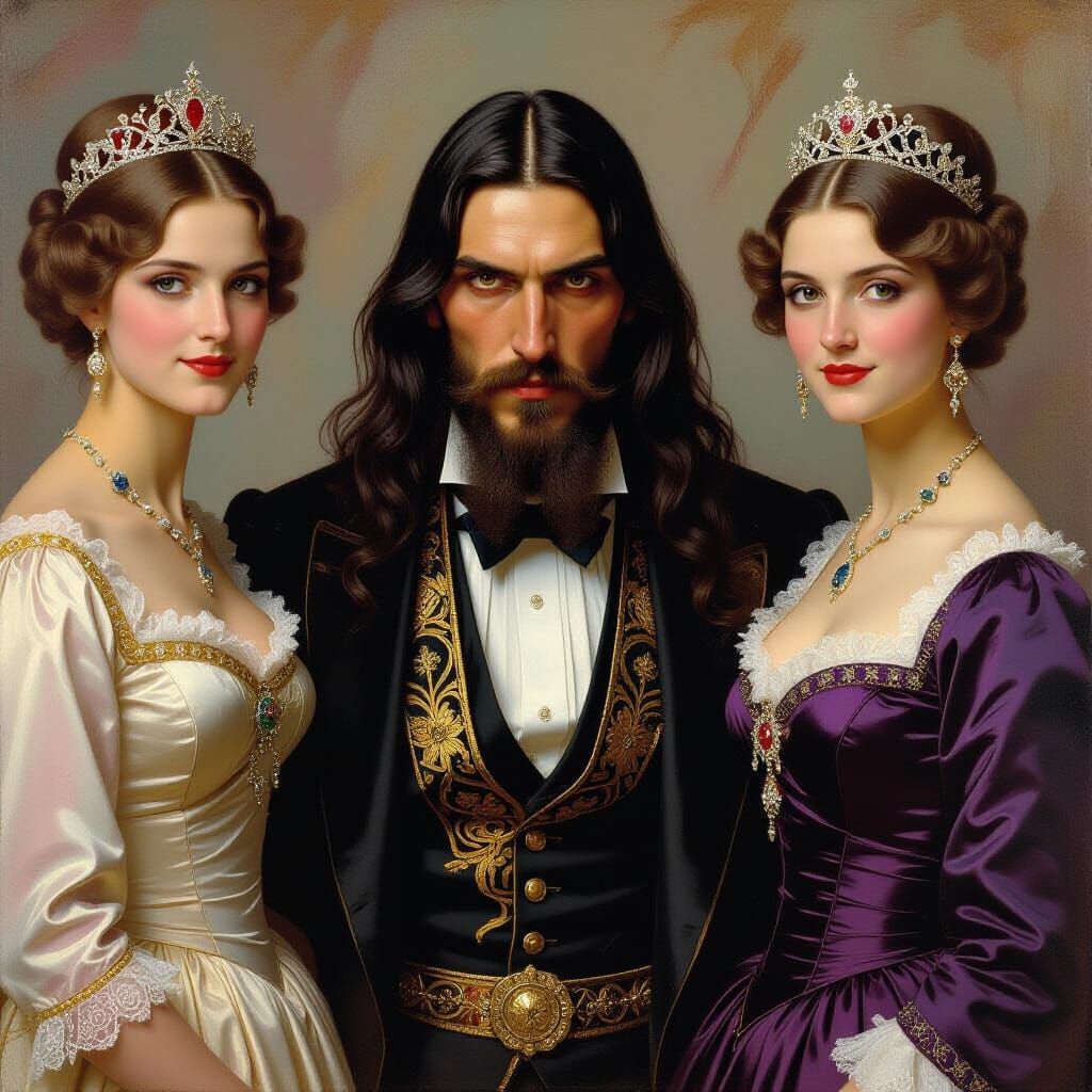 Rasputin with Imperial Princesses in Impressionist Style