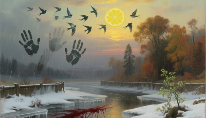 Symbolic Autumn Rainscape: Birds Ascend Amidst Melancholy Tw...