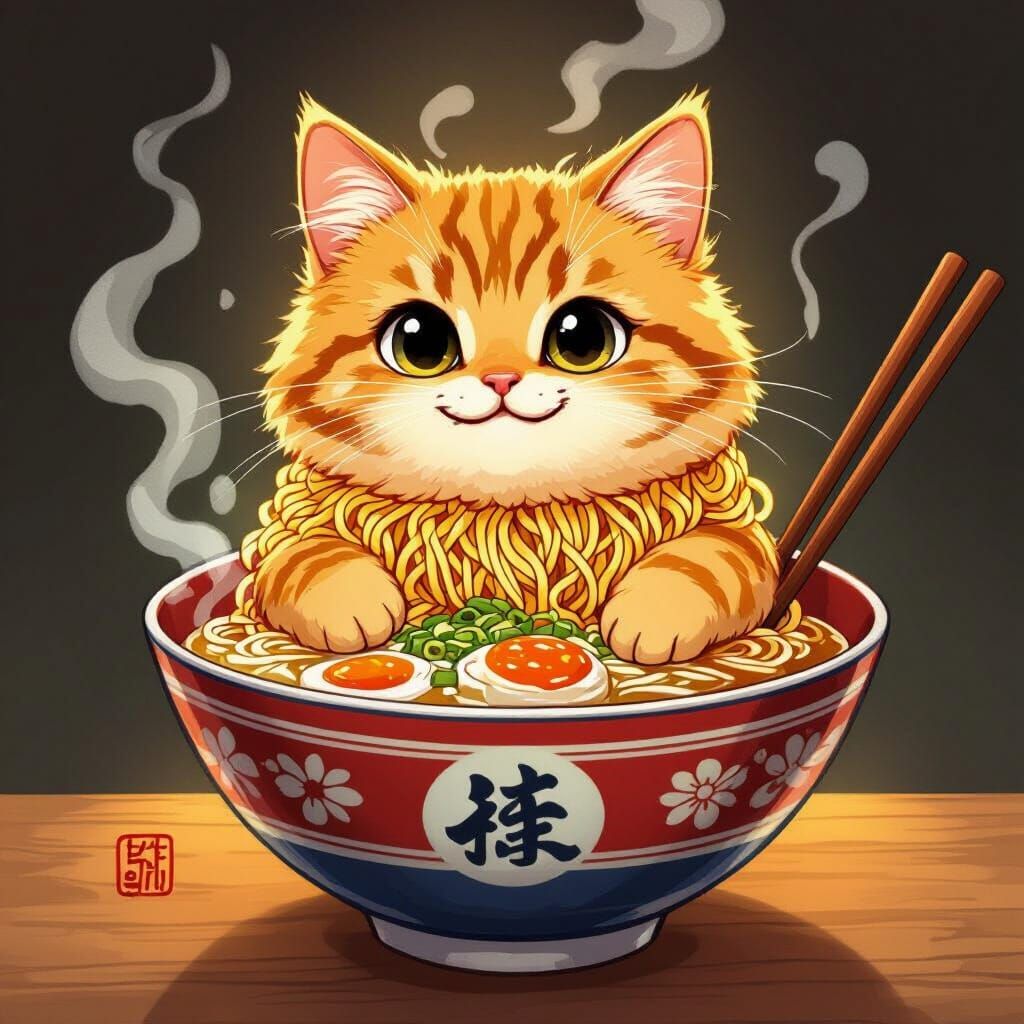 Ramen Cat Character in Japanese Ukiyo-e Style