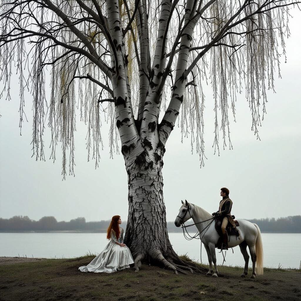 Lone Poplar Tree and Parting Figures in Emotional Photo