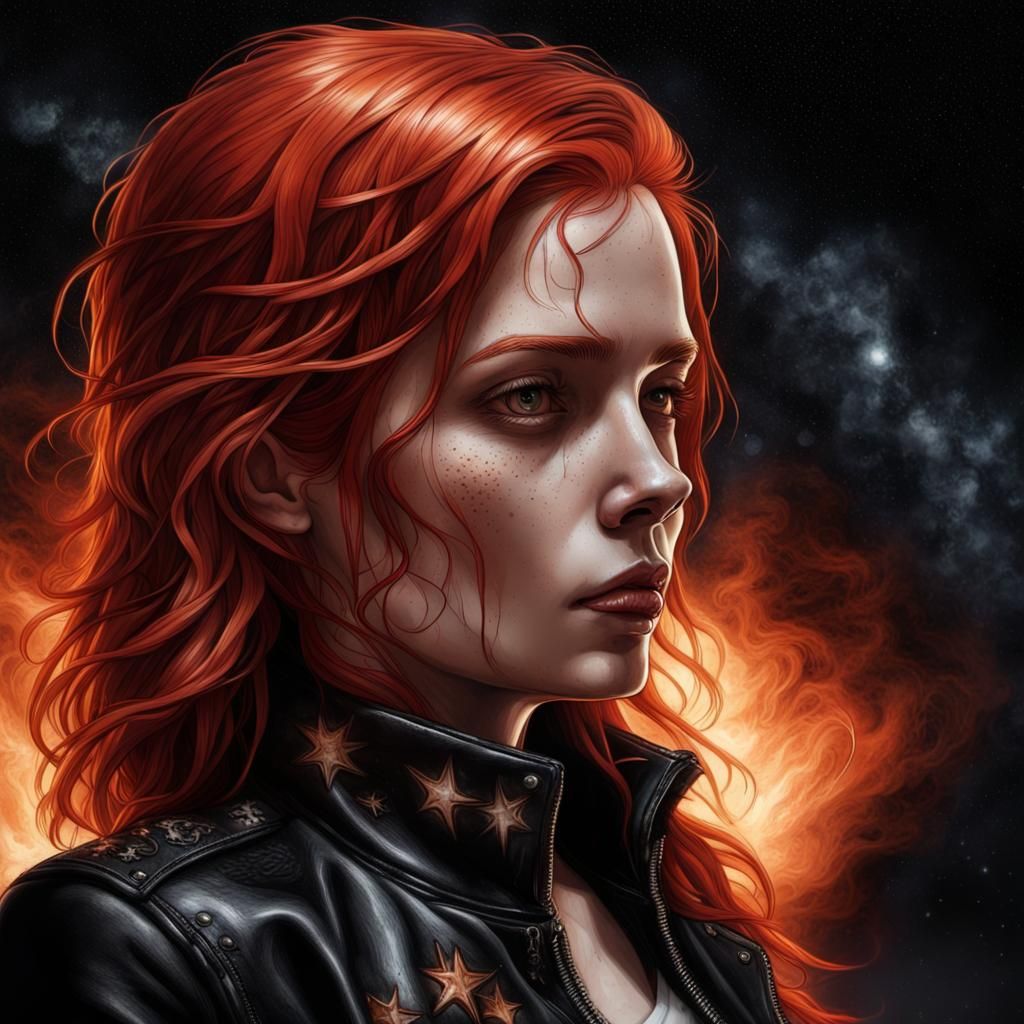 Powerful Woman with Fiery Hair in Pyrography Style