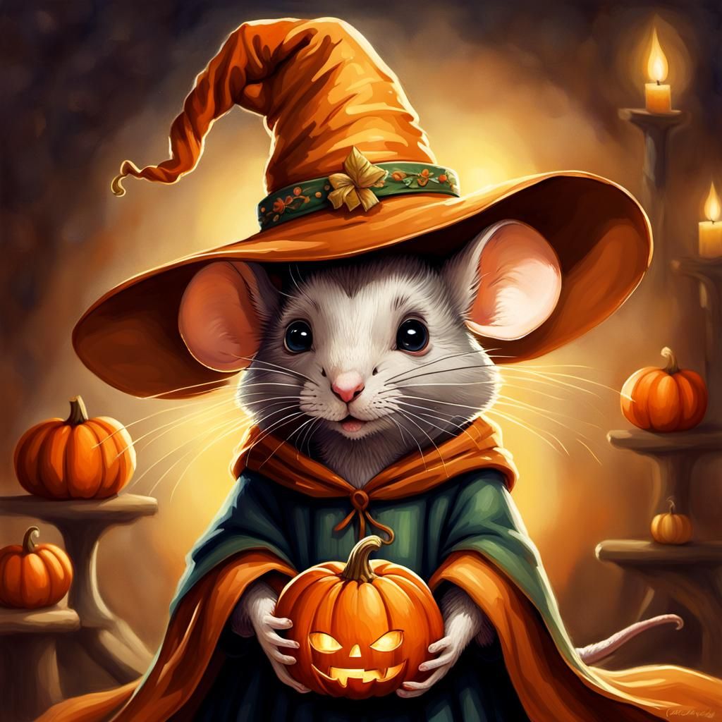 Charming Mouse Witch Portrait in Watercolor Style