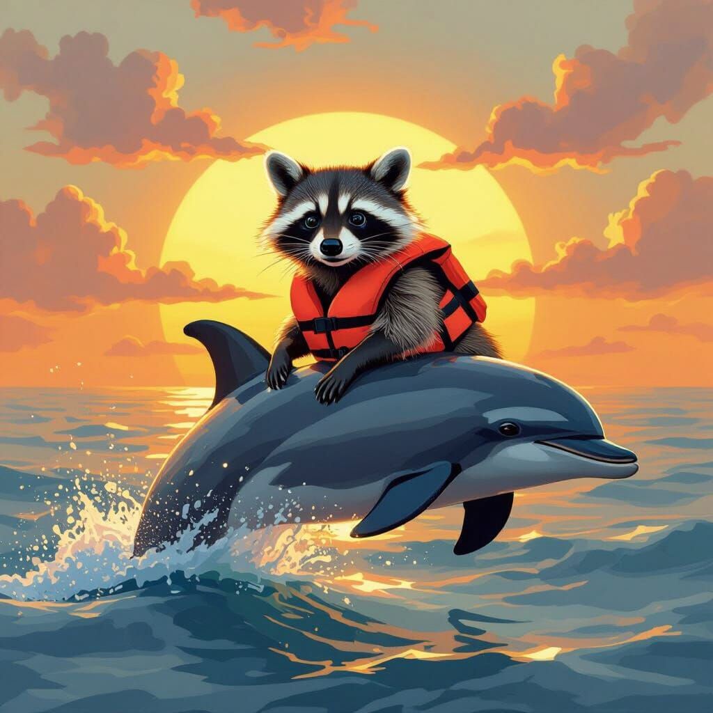 Raccoon Rides Dolphin at Sunset, Sentimental Realism